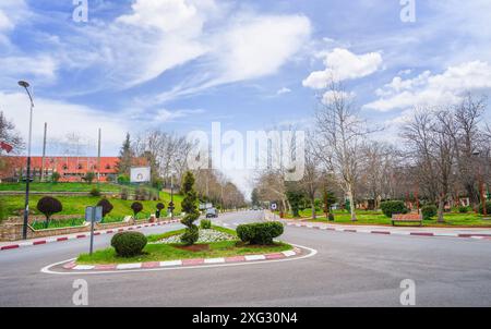 Charmant paysage urbain d'Ifrane avec des toits rouges, des pelouses vertes et une flore vibrante. Connue sous le nom de « petite Suisse », Ifrane, Maroc. Banque D'Images