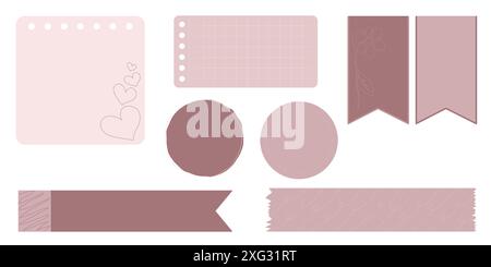 Collection de notes en papier blanc mignonnes pour liste de tâches, planificateur quotidien et hebdomadaire. Autocollants de scrapbook, différents morceaux de ruban washi et signets pour Illustration de Vecteur