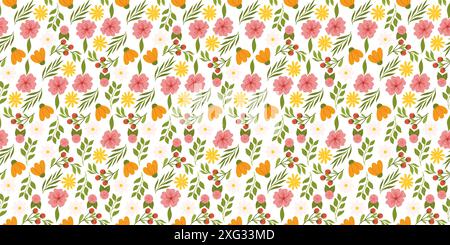 Mise en page sans couture affichant des éléments floraux. Motif récurrent de tissu ou de papier peint d'inspiration botanique avec fleurs jaunes et oranges, baies rouges, leav Illustration de Vecteur