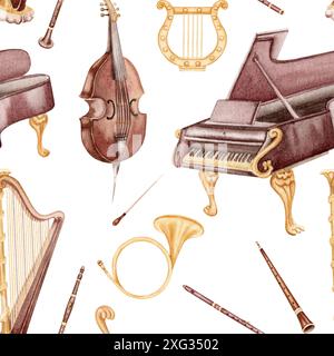 Motif sans couture des instruments de musique classique. Contrebasse et harpe avec piano à queue et cor. Hautbois, flûte et clarinette. Style vintage dessiné à la main Banque D'Images