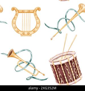 Modèle sans couture avec instruments de musique antiques. Lyre, tambour avec bâtons et trompettes fanfare. Illustration d'aquarelle dessinée à la main de style vintage Banque D'Images