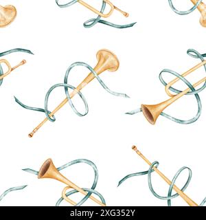 Modèle sans couture avec instruments de musique antiques. Fanfare à vent en laiton trompettes avec rubans. Illustration d'aquarelle dessinée à la main de style vintage isolée Banque D'Images