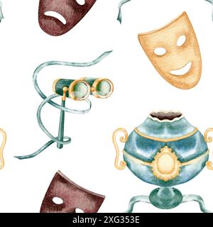 Motif sans couture avec masques de comédie de théâtre et de tragédie, jumelles d'opéra et vase antique. Style vintage illustration d'aquarelle dessinée à la main isolat Banque D'Images