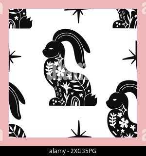 Motif sans couture Linocut Happy Easter noir et blanc Illustration de Vecteur