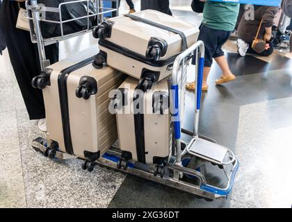 Bagages de bagages sur le chariot dans le terminal de départ de l'aéroport en attente de l'enregistrement Banque D'Images