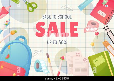 Retour à l'école. Soldes, réductions. Sac à dos de dessin animé et papeterie scolaire. Vecteur Illustration de Vecteur