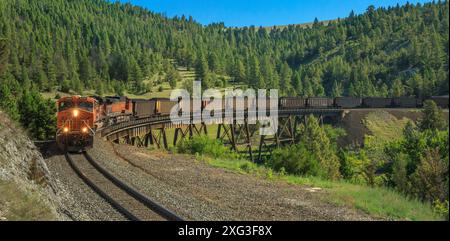 panorama d'un train de charbon se dirigeant vers mullan pass sur la ligne de partage continentale au-dessus d'un chevalet près d'austin, montana Banque D'Images