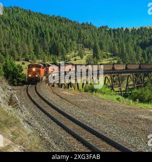 train de charbon en direction de mullan passe sur la ligne de partage continentale au-dessus d'un chevalet près d'austin, montana Banque D'Images