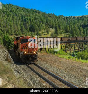 train de charbon en direction de mullan passe sur la ligne de partage continentale au-dessus d'un chevalet près d'austin, montana Banque D'Images