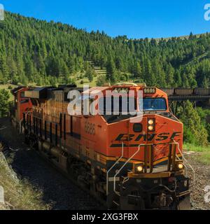 train de charbon en direction de mullan passe sur la ligne de partage continentale au-dessus d'un chevalet près d'austin, montana Banque D'Images