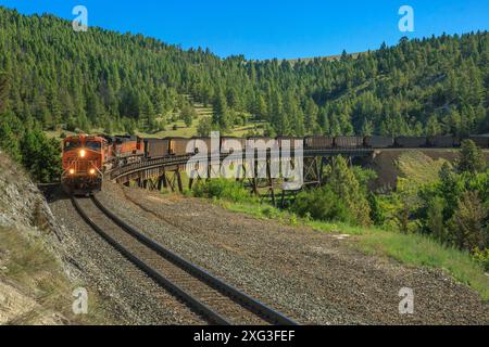 train de charbon en direction de mullan passe sur la ligne de partage continentale au-dessus d'un chevalet près d'austin, montana Banque D'Images