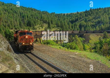 train de charbon en direction de mullan passe sur la ligne de partage continentale au-dessus d'un chevalet près d'austin, montana Banque D'Images