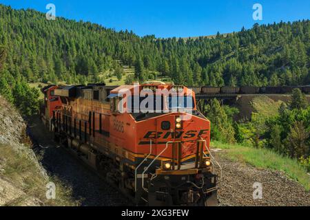 train de charbon en direction de mullan passe sur la ligne de partage continentale au-dessus d'un chevalet près d'austin, montana Banque D'Images