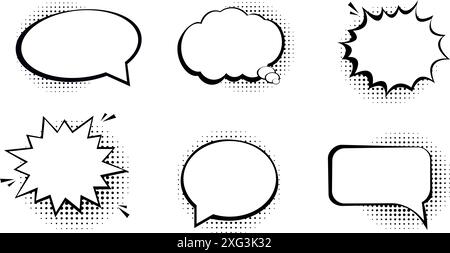 Collection de bulles de bande dessinée vides avec des ombres de demi-teintes. Autocollants de dessin animé rétro dessinés à la main. Style pop art. Illustration de Vecteur