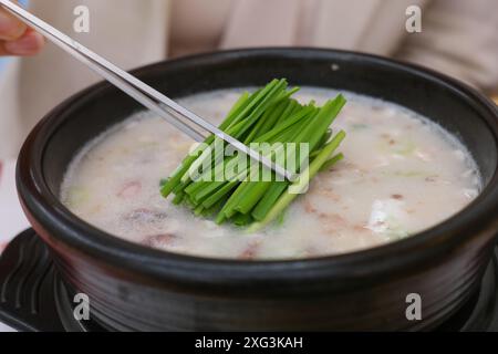 soupe coréenne dans un bol avec des baguettes, gros plan de la photo Banque D'Images