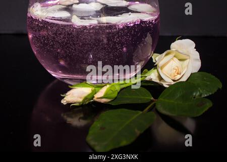 Un seul verre de gin aromatisé à la rose et tonique et boutons de rose blancs Banque D'Images