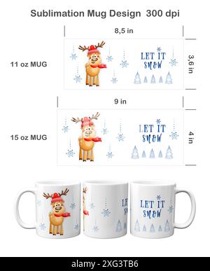 Drôle de renne de Noël. Modèles de sublimation pour mug de 11 oz et 15 oz. Banque D'Images