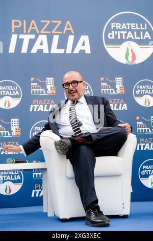 Roma, Italie. 06 juillet 2024. Il Ministro della Cultura Gennaro Sangiuliano interviene alla festa di Fratelli d'Italia Roma FDI, Piazza Italia, in Piazza Vittorio a Roma, Sabato 06 Luglio 2024 (foto Mauro Scrobogna/LaPresse) le ministre de la culture Gennaro Sangiuliano prend la parole à la fête Fratelli d'Italia Roma FDI, Piazza Italia, in Piazza Vittorio à Rome, 06 juillet 2024. (Photo de Mauro Scrobogna/LaPresse) crédit : LaPresse/Alamy Live News Banque D'Images
