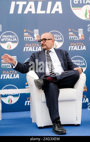 Roma, Italie. 06 juillet 2024. Il Ministro della Cultura Gennaro Sangiuliano interviene alla festa di Fratelli d'Italia Roma FDI, Piazza Italia, in Piazza Vittorio a Roma, Sabato 06 Luglio 2024 (foto Mauro Scrobogna/LaPresse) le ministre de la culture Gennaro Sangiuliano prend la parole à la fête Fratelli d'Italia Roma FDI, Piazza Italia, in Piazza Vittorio à Rome, 06 juillet 2024. (Photo de Mauro Scrobogna/LaPresse) crédit : LaPresse/Alamy Live News Banque D'Images