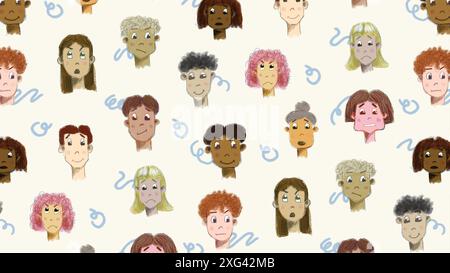 Visages avec des expressions sans couture. Conception de motif de surface. Illustrations dessinées à la main Illustration de Vecteur
