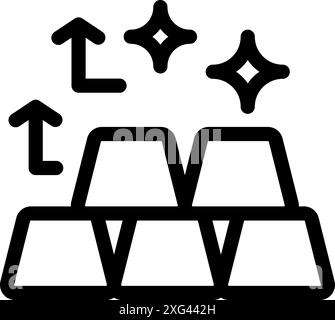 Icône de dessin au trait de lingots d'or empilés avec des flèches vers le haut, représentant la hausse des prix de l'or Illustration de Vecteur