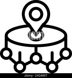 Icône de dessin au trait d'une épingle de localisation se trouvant sur une plate-forme circulaire, connectée à un réseau, représentant des services basés sur la localisation Illustration de Vecteur