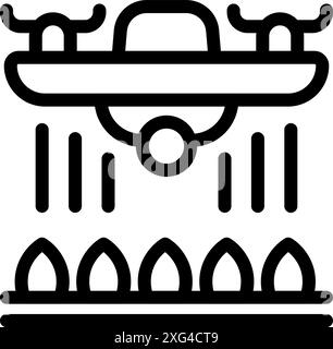 Icône de ligne d'un drone pulvérisant du liquide sur les cultures, représentant l'agriculture moderne et la technologie agricole Illustration de Vecteur