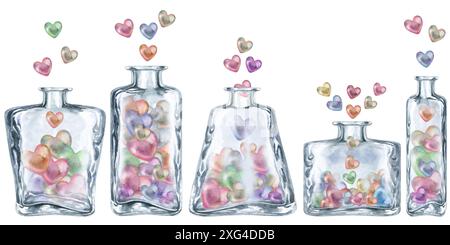 Bordure sans couture de bouteilles en verre transparent avec des coeurs multicolores de perle. Illustration aquarelle de potion d'amour pour le modèle de la Saint-Valentin, weddin Banque D'Images