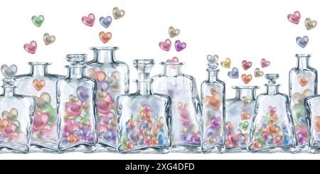 Bordure sans couture de bouteilles en verre transparent avec des coeurs multicolores de perle. Illustration aquarelle de potion d'amour pour le modèle de la Saint-Valentin, weddin Banque D'Images