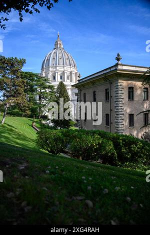 Le dôme de la basilique Saint-Pierre vu depuis les jardins du Vatican. Banque D'Images
