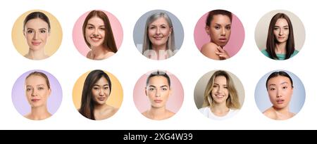 Beaucoup de belles femmes de différentes races et âges. Collage de portraits Banque D'Images