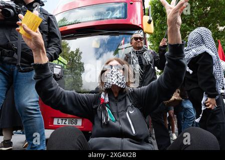 Londres, Royaume-Uni. 6 juillet 2024. Des activistes organisent un délit devant Downing Street après une marche de dizaines de milliers de partisans palestiniens dans le centre de Londres appelant à un cessez-le-feu et à la fin du soutien britannique et américain au siège, au bombardement et à l'occupation de Gaza par Israël. Crédit : Ron Fassbender/Alamy Live News Banque D'Images