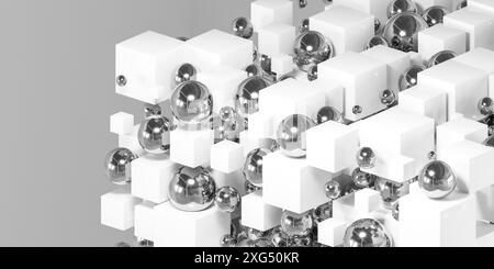 Un rendu 3D de cubes blancs et de sphères argentées 3D rendu illustration Banque D'Images