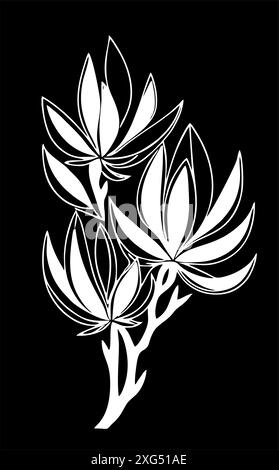 Dessin graphique blanc simple de fleur de magnoli sur fond noir, logo Banque D'Images