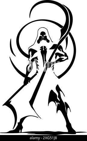 Silhouette graphique noire du faucheur de la mort, badge, logo, tatouage Banque D'Images