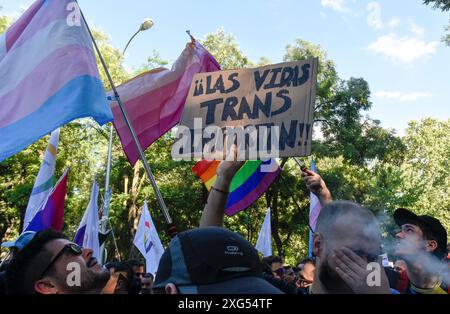 Madrid, Madrid, ESPAGNE. 6 juillet 2024. Des milliers de personnes participent au défilé LGBTBI Pride 2024 à Madrid. La marche a pour devise 'Education, droits et paix : fierté qui transforme' et exigera l'éducation dans la diversité, contre LGTBIphobie. (Crédit image : © Richard Zubelzu/ZUMA Press Wire) USAGE ÉDITORIAL SEULEMENT! Non destiné à UN USAGE commercial ! Crédit : ZUMA Press, Inc/Alamy Live News Banque D'Images