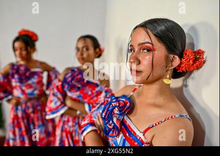 Dancers in Mompox présentent leur tenue folklorique traditionnelle vibrante, avec des jupes colorées, des chemisiers brodés et des accessoires complexes. Leurs mouvements gracieux et leurs performances animées mettent en valeur le riche patrimoine culturel et l’esprit festif de la région. Banque D'Images