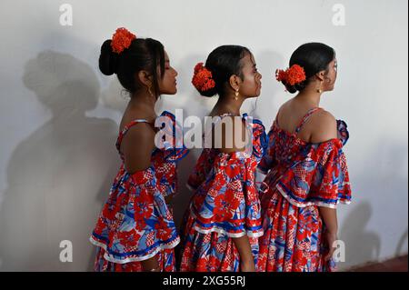 Dancers in Mompox présentent leur tenue folklorique traditionnelle vibrante, avec des jupes colorées, des chemisiers brodés et des accessoires complexes. Leurs mouvements gracieux et leurs performances animées mettent en valeur le riche patrimoine culturel et l’esprit festif de la région. Banque D'Images