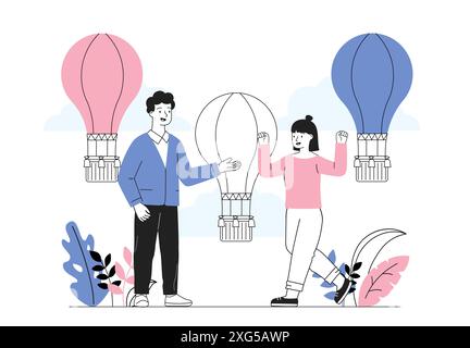 Les gens avec des montgolfières. Homme et femme près des ballons à air. Rendez-vous romantique dans l'air. Voyages, voyages et tourisme, mode de vie actif. Vecteur linéaire Illustration de Vecteur