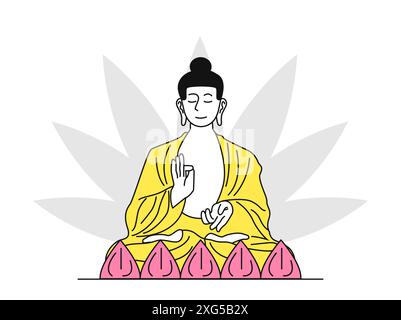 Concept de bouddha. Homme en robe jaune près des pétales roses. Tradition et religion de l'Inde. Méditation et spiritualité, bouddhisme. Vecteur plat linéaire Illustration de Vecteur
