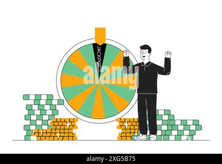 Homme avec casino. Le jeune gars se tient près de la roue de roulette multicolore. Jeu pour la chance et la fortune. Personne avec jeu. Gagnant avec prix. Vecteur linéaire Illustration de Vecteur