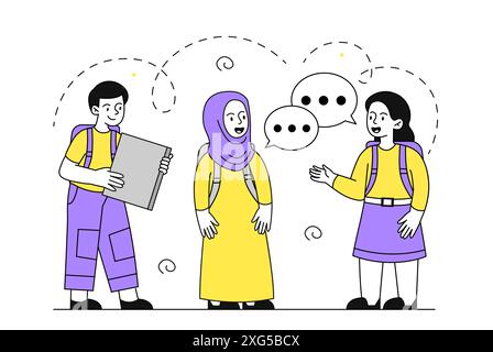 Concept d'éducation des enfants. Garçon et fille communiquent avec l'écolière en hijab. Enfants multiculturels avec formation et éducation. Vecteur plat linéaire Illustration de Vecteur