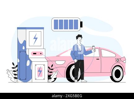 Homme avec voiture électrique. Jeune homme charge automobile écologique. Réduction des rejets de déchets dangereux et de CO2 dans l'atmosphère. Vecteur linéaire Illustration de Vecteur