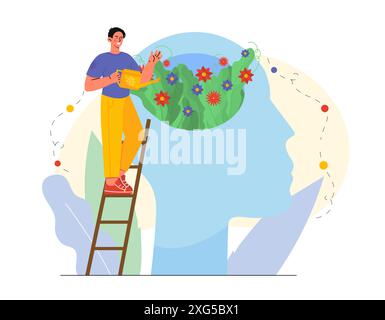 Homme en santé mentale. Guy près de la silhouette de la tête. Pleine conscience et conscience. Soigner la psychologie et la santé mentale. Paix intérieure et harmonie. Plat Illustration de Vecteur