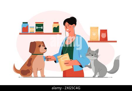 Vétérinaire avec animaux de compagnie. Femme en uniforme médical avec stéthoscope examine chat et chien. Soins de santé et médecine, traitement. Se soucier de domestique Illustration de Vecteur