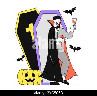 Dracula dans le cercueil. Vampire avec un gobelet de verre de sang. Costume d'Halloween. Mysticisme et horreur. Personne effrayante et effrayante. Vecteur plat linéaire Illustration de Vecteur