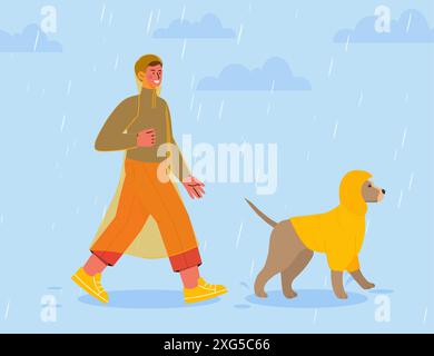 Homme marche sous la pluie avec chien. Le jeune homme en imperméable promène le chien dans la rue. Automne et saison d'automne. Personne par temps pluvieux avec animal domestique. Plat Illustration de Vecteur