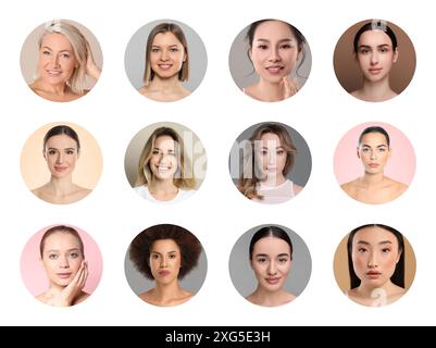 Beaucoup de belles femmes de différentes races et âges. Collage de portraits Banque D'Images