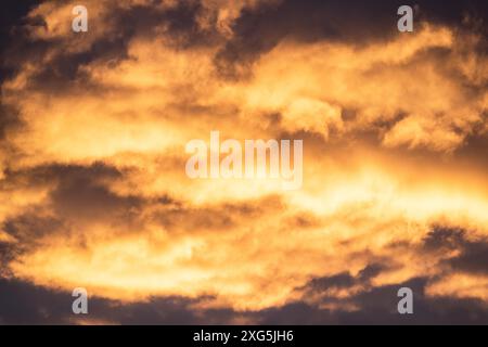 Vue rapprochée de belles couleurs dramatiques (cumulus) nuages moelleux sur le ciel bleu au coucher du soleil fond Banque D'Images