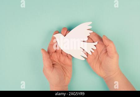 Tenant une colombe blanche entre les mains, symbole de paix, découpe de papier, espace de copie pour le texte Banque D'Images